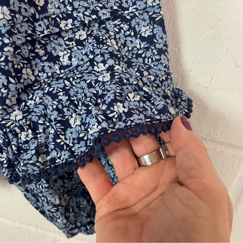 J. Crew V-Neck Popover Top Blue Floral Ruffles Balloon Sleeves Cottage Peasant L - Picture 5 of 13